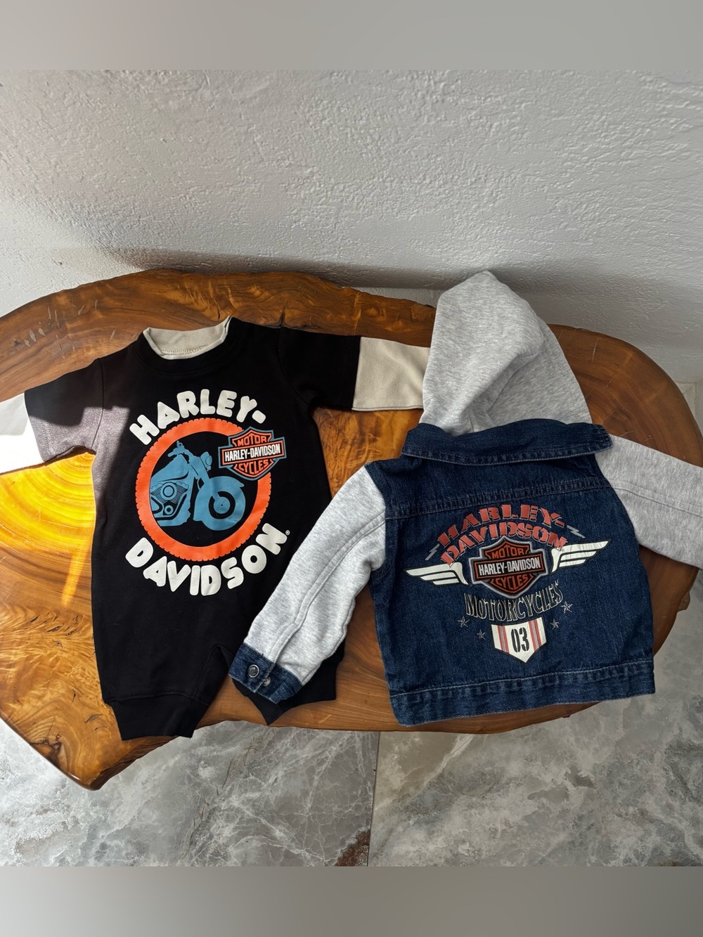 Harley-Davidson Infant Clothing Lot - Denim Hoodie Jacket 12 month & Romper 0-3